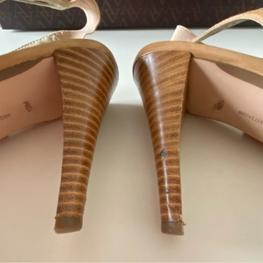 Adrienne Vittadini Nude Laser Cut Leather Heeled Platform Sandal Heels S…